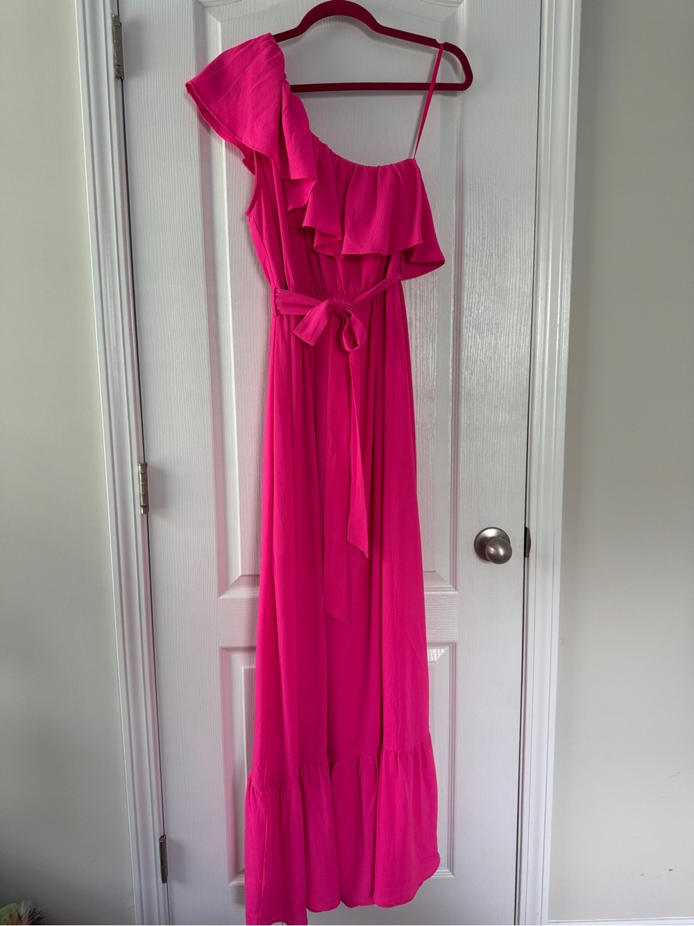 Main Strip One-Shoulder Ruffle Maxi Dress in Bright Pink